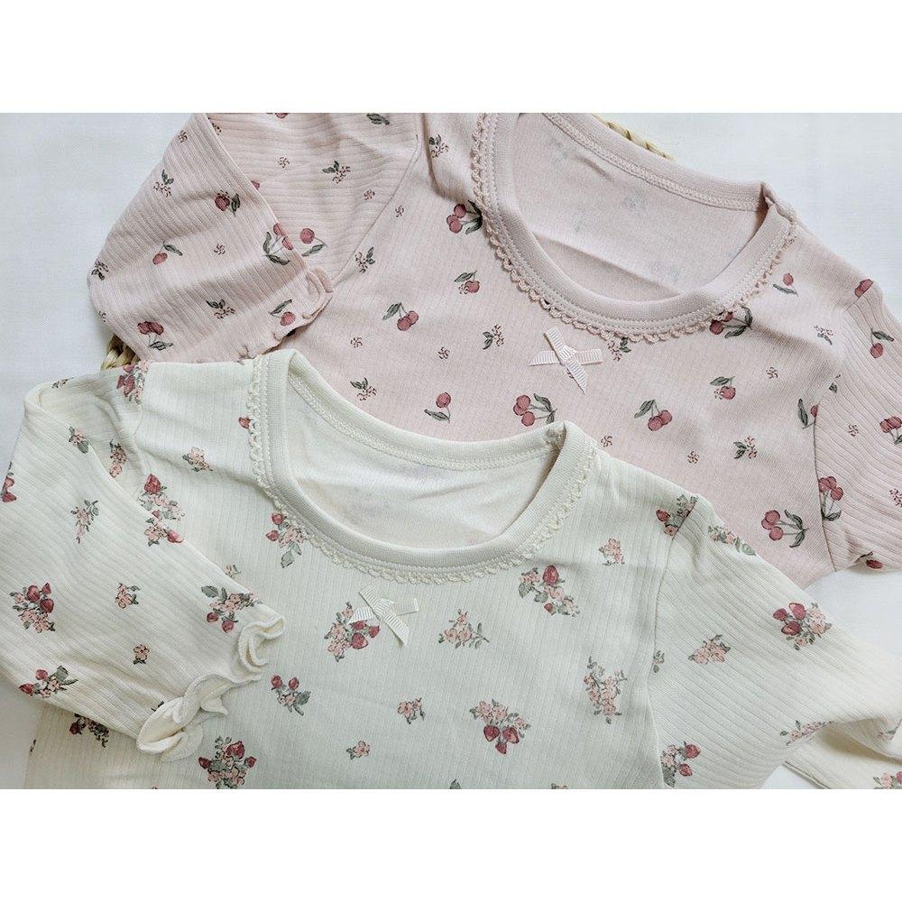 【秋季新品🍭70公分】日本進口 mamaraku 長袖包屁衣2件組 花朵 櫻桃 粉色 白色 日本童裝 薄款長袖 純棉-細節圖2