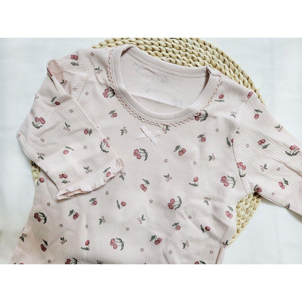 【秋季新品🍭70公分】日本進口 mamaraku 長袖包屁衣2件組 花朵 櫻桃 粉色 白色 日本童裝 薄款長袖 純棉-細節圖4