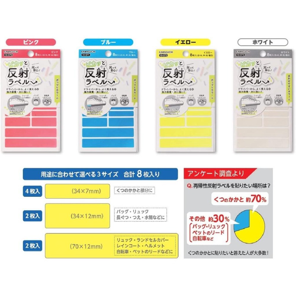 [MBB🇯🇵現貨開發票]日本 KAWAGUCHI 新款反光標籤貼 螢光色 反光條 反光貼 綜合尺寸 反射貼紙 姓名貼-細節圖6
