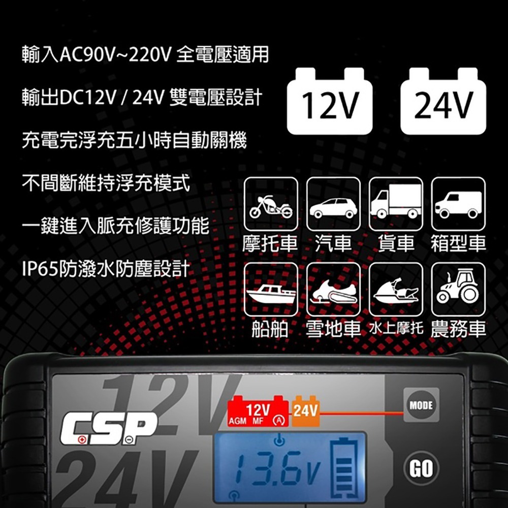 【CSP】MT1224多功能智慧型電瓶電池檢測 車廠 鉛酸 12V/24V汽機車充電器(1A/4A/8A)-細節圖4