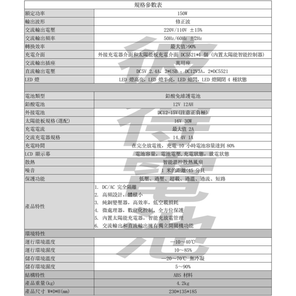 150W露營電源 戶外行動電源 緊急用電源 戶外照明 夜市擺攤 可太陽能充電 5V/12V/110V輸出 鉛酸電池-細節圖8