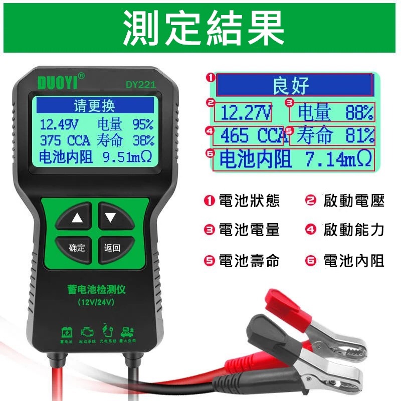 DUOYI電瓶檢測儀DY221 12V/24V通用 電瓶測試儀 汽機車電池檢測儀 電瓶檢測器 汽車電瓶 機車電池-細節圖9