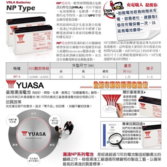 【彼得電池】YUASA湯淺NP7-6鉛酸電池6V7Ah 充電燈具 UPS POS系統機 電子秤 電動工具 兒童電動車-細節圖6