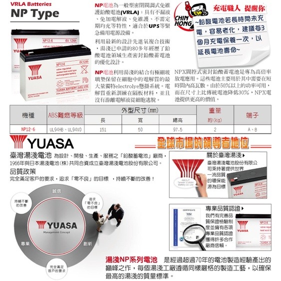 YUASA湯淺NP12-6閥調密閉式鉛酸電池 6V12AH 兒童電動車 玩具車 充電燈具 電子秤 緊急照明燈(台灣製)-細節圖5