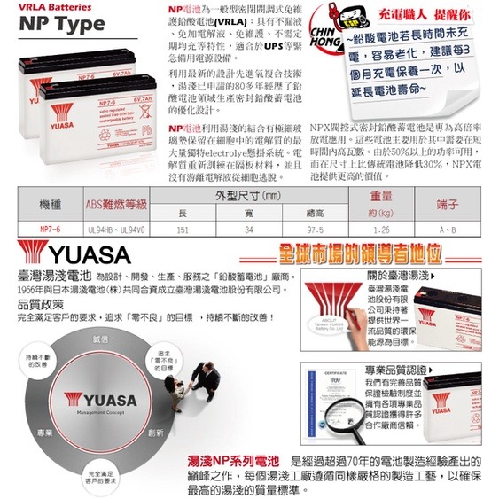 YUASA湯淺NP7-6閥調密閉式鉛酸電池 6V7AH 兒童電動車 玩具車 緊急照明燈 手電筒,電子秤(台灣製)-細節圖6