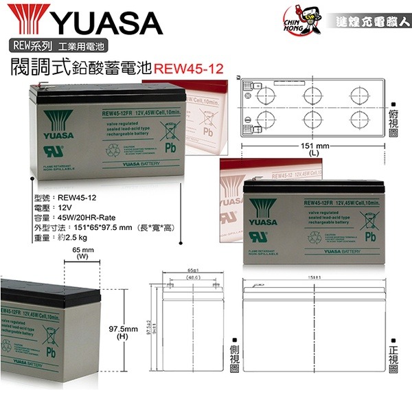 YUASA湯淺REW45-12閥調密閉式鉛酸電池 12V45W UPS不斷電系統 消防系統 兒童電動車 玩具車-細節圖3