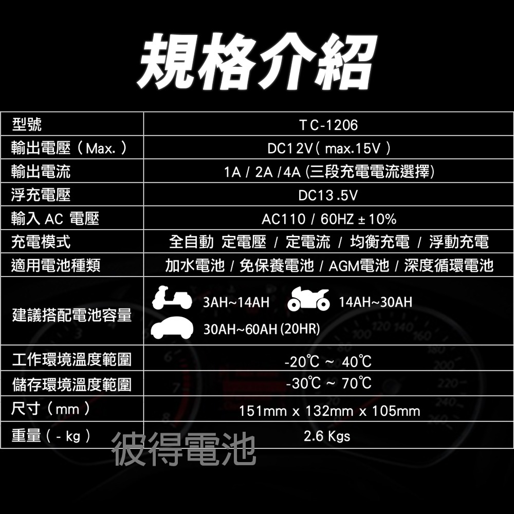 麻新電子 TC-1206 汽機車 電池充電器 三段控制 充滿自動跳停 台灣製造 一年保固-細節圖7