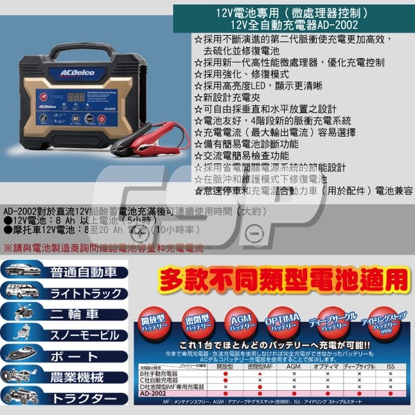 ACDelco】美國德科AD-2002 日本銷售第一12V15Ah (汽機車電池充電器脈衝