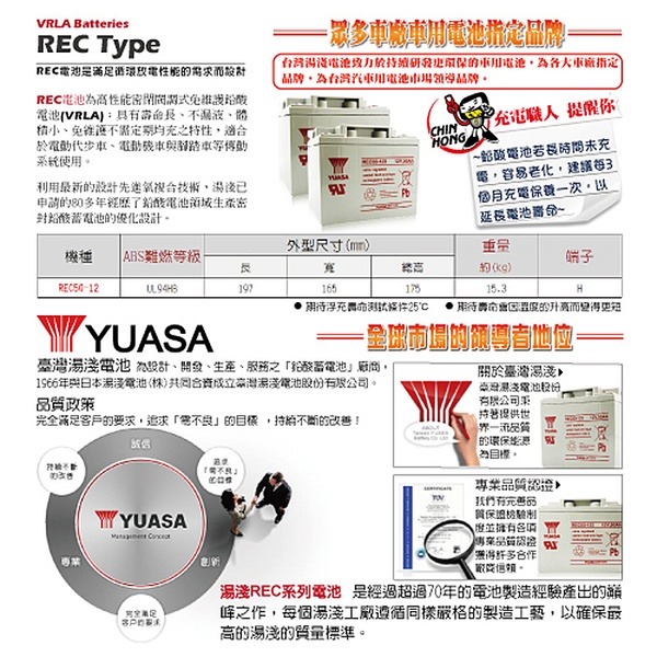 【彼得電池】YUASA湯淺REC50-12鉛酸電池 12V50Ah UPS不斷電系統 電動車 太陽能系統 釣魚 露營-細節圖5