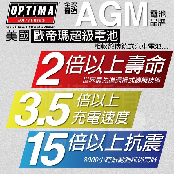 美國歐帝瑪OPTIMA 黃霸 LN4 汽車電池 12V80AH 880CCA 渦捲式AGM深循環電池 怠速熄火電瓶-細節圖3