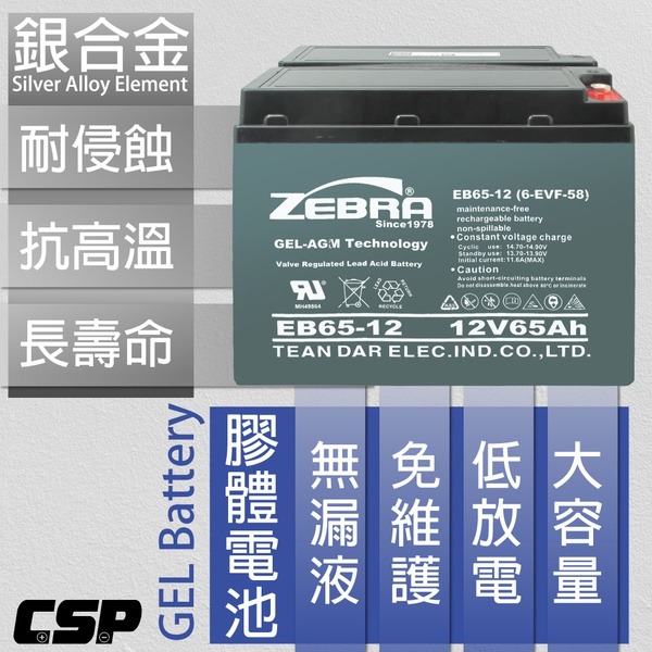 【ZEBRA斑馬】EB65-12 銀合金膠體電池12V65Ah電動車 電動機車 老人代步車 電動輪椅 更換電池 電池沒電-細節圖4
