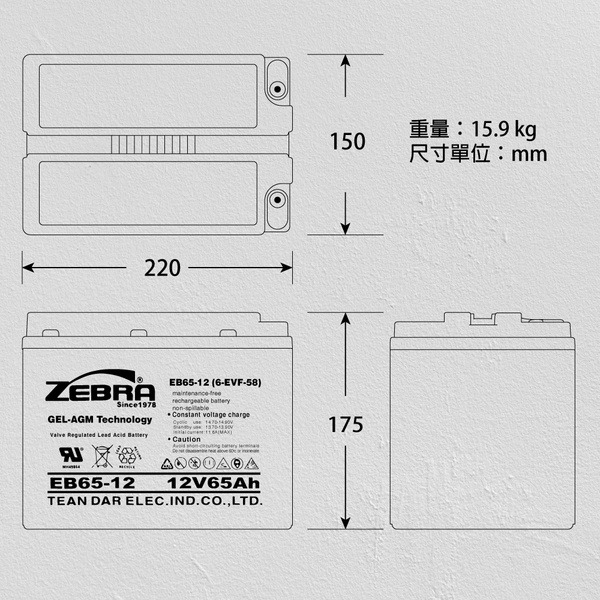 【ZEBRA斑馬】EB65-12 銀合金膠體電池12V65Ah電動車 電動機車 老人代步車 電動輪椅 更換電池 電池沒電-細節圖5