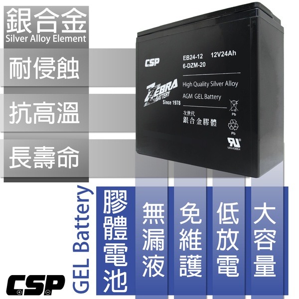 【ZEBRA斑馬】EB24-12 x4顆(箱) 銀合金膠體電池12V24Ah/等同6-DZM-20.電動車電池.REC2-細節圖2