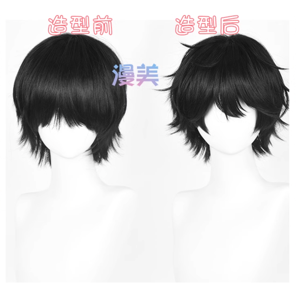 初心者♡Cosplay 假髮 離宇亭 黑色 男角 短髮 萬用 反翹 頭七怪談 cos-細節圖4