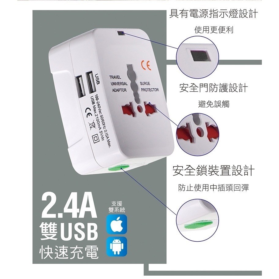 【24小時出貨】【太星電工】AA302 全球旅行用轉換插座 雙USB-A插座-細節圖4