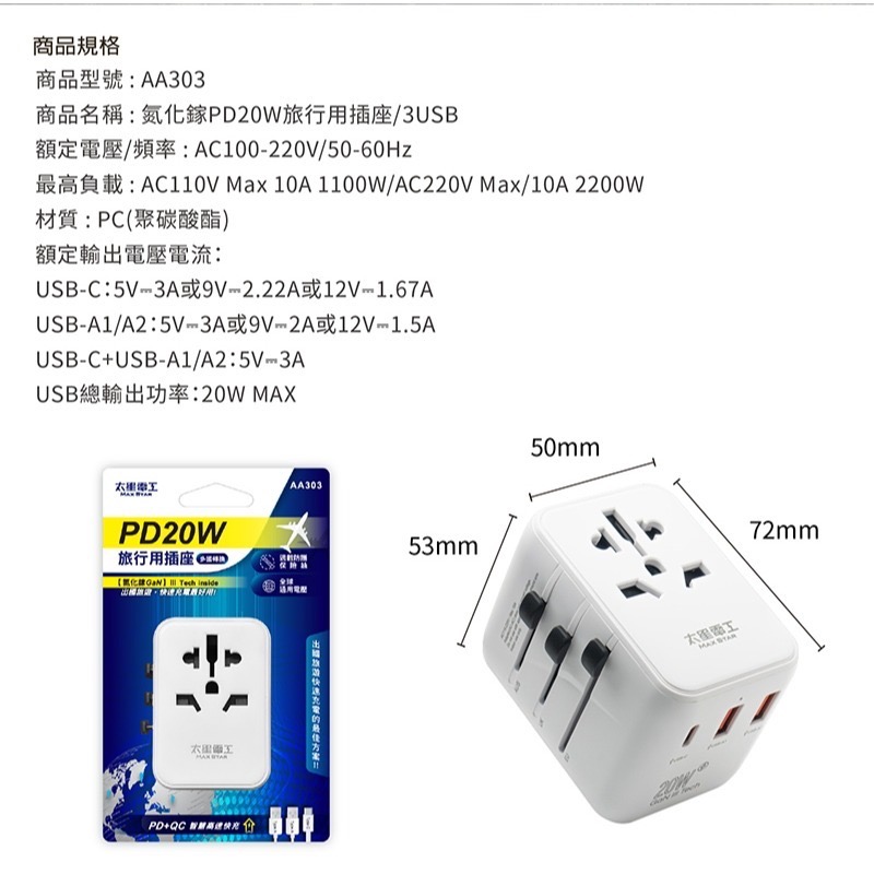 【24小時出貨】【太星電工】AA303 全球旅行用轉換插座 雙USB-A + USB-C插座-細節圖9