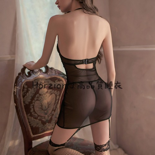 【在台現貨24私密發】掛脖吊帶透膚情趣黑絲連體衣 情趣性感 睡衣 角色扮演 情趣睡衣 睡裙 情人節(B-013)-細節圖3