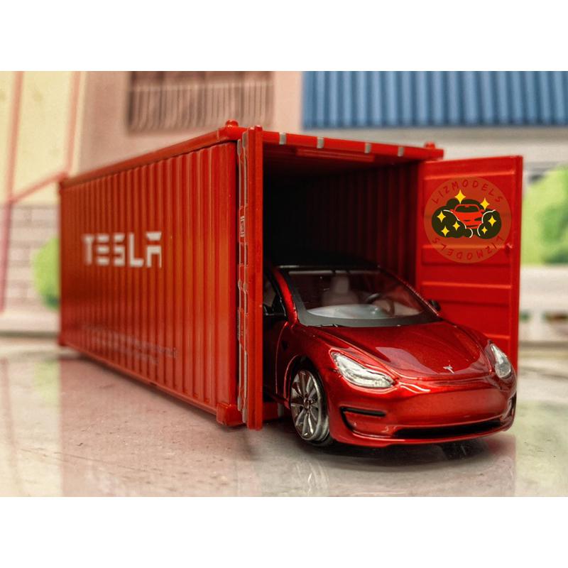 🔅里氏模型車 TM 1/64 Tesla Model 3 X S 特斯拉 貨櫃 紅色 電動車 合金模型車-細節圖2