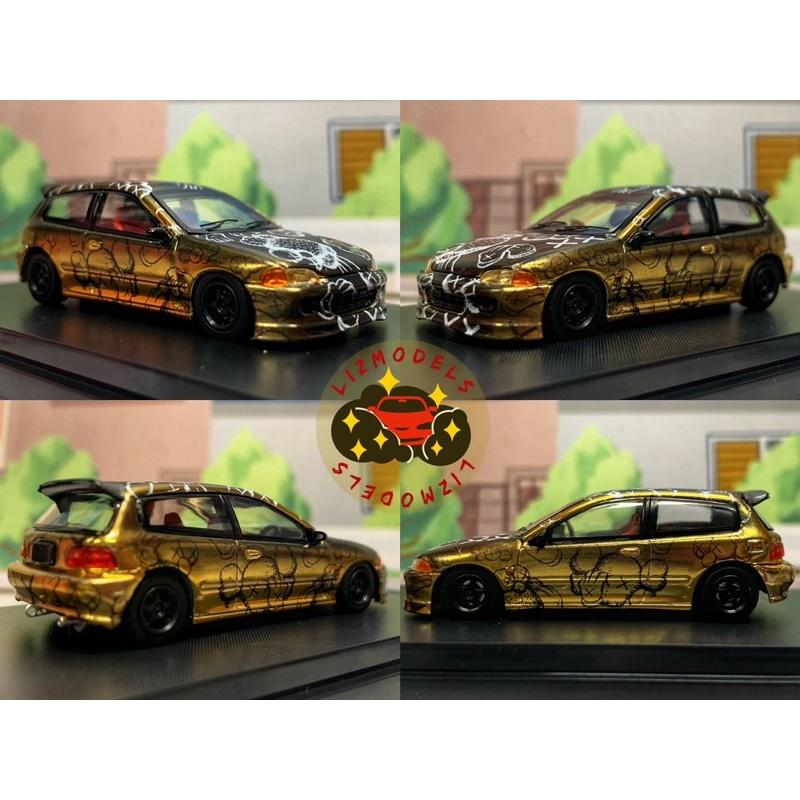 🔅里氏模型車 Street Weapon 超帥 1/64 KAWS 人偶 Honda Civic EG6 金 銀色 電鍍-細節圖5