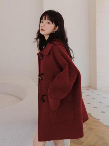 DearGod正韓女裝復古酒紅色牛角扣短款毛呢外套女小個子2022秋冬新款韓系呢子大衣