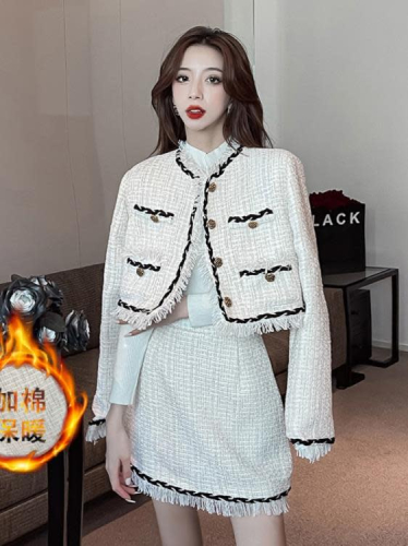 DearGod正韓女裝白色氣質小香風套裝2022秋冬季新款高級感流蘇外套高腰短裙兩件女