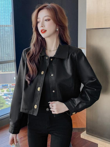 DearGod正韓女裝小洋家2022新款設計感小眾時尚定制金扣黑色皮衣女休閒機車短外套