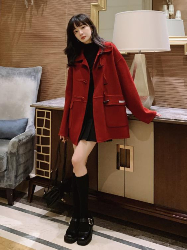 DearGod正韓女裝韓系牛角扣短款雙面呢羊絨大衣女小個子2022秋冬新款紅色羊毛外套