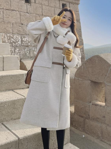 DearGod正韓女裝高級感小香風米杏色加絨毛呢大衣女中長款2022年冬季新款呢子外套