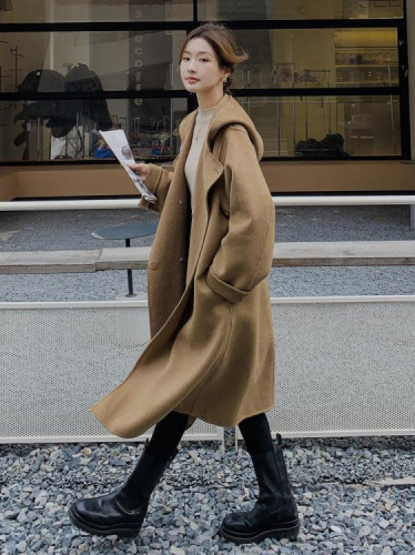 DearGod正韓女裝高級感韓系帶帽駝色雙面呢羊絨大衣女中長款2022秋冬新款羊毛外套