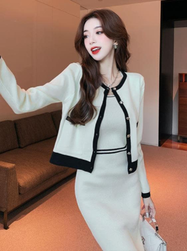 DearGod正韓女裝秋冬季2022新款小香風針織外套氣質名媛包臀連身裙兩件套套裝女裝