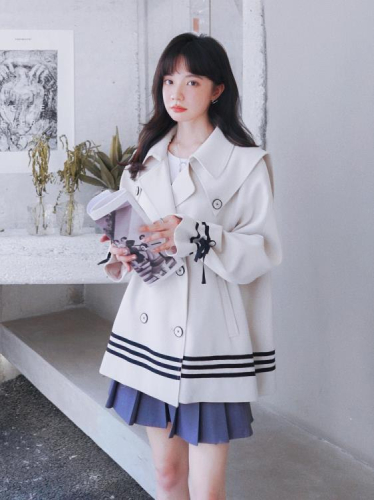 DearGod正韓女裝學院風洋氣減齡海軍領風衣女小個子2022春秋新款米白色正韓短外套