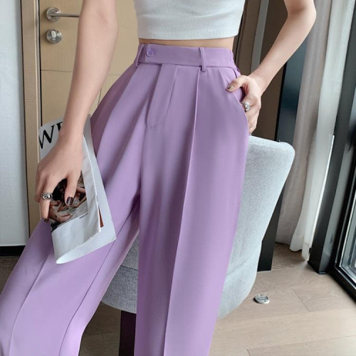 DearGod正韓女裝紫色西裝褲女夏2022新款小個子休閒直筒褲寬松顯瘦高腰垂感闊腿褲