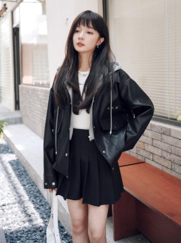 DearGod正韓女裝ins香港復古假兩件黑色短款皮衣外套女2022秋季新款機車夾克上衣
