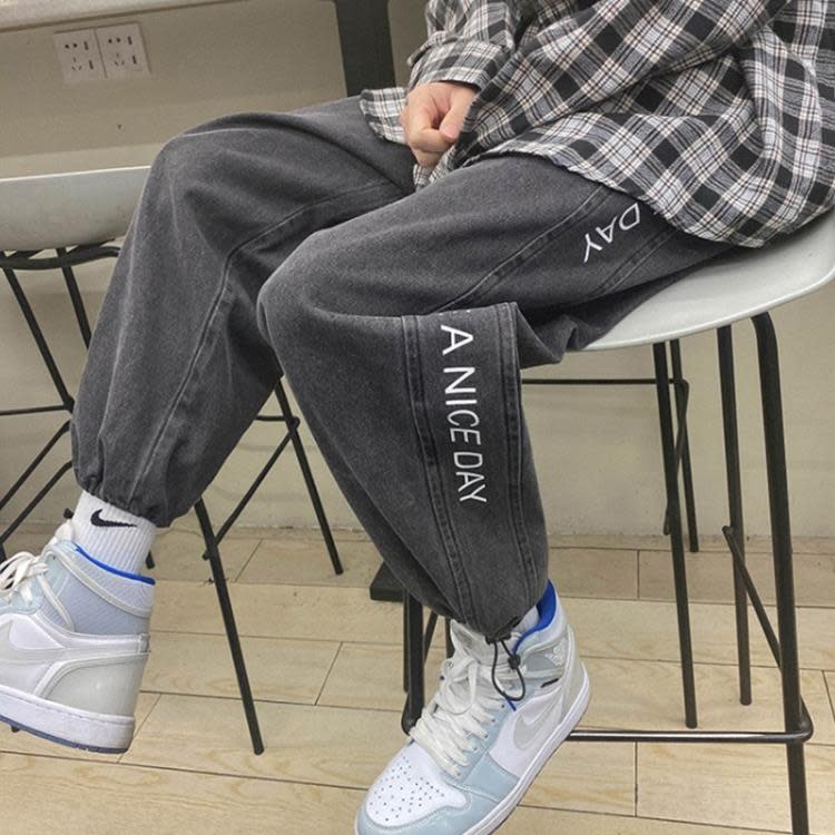 春秋季新款香港男士牛仔褲正韓字母印花潮流哈倫褲水洗休閒束腳褲-細節圖5