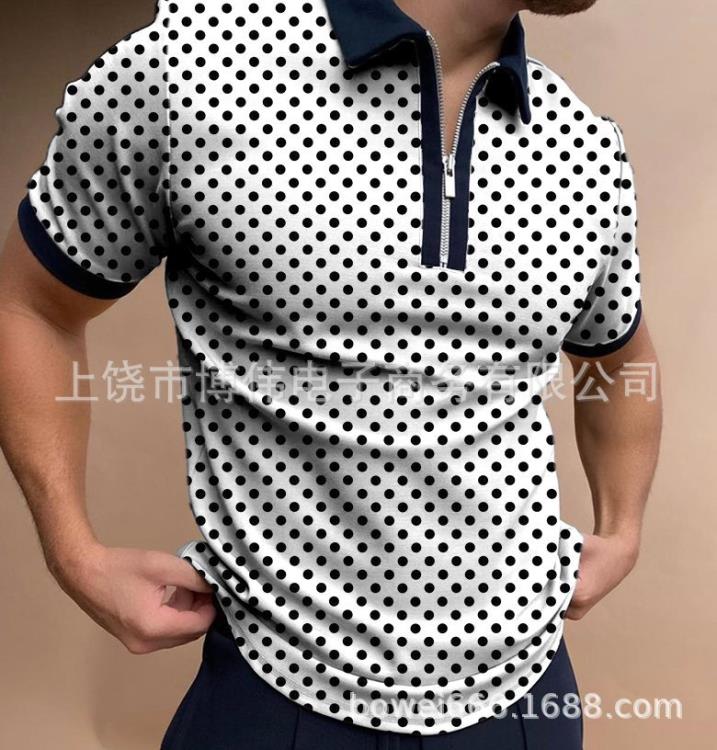 2023夏季新款歐美 男士短袖翻領時尚潮流條紋印花3DPOLO衫-細節圖3