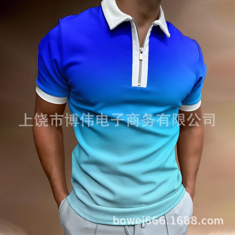 2023夏季新款歐美 男士短袖翻領時尚潮流條紋印花3DPOLO衫-細節圖8