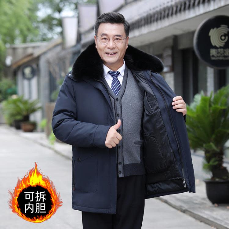 羽絨外套 2023服男加厚中老年人爸爸冬季外套男中長款可拆內膽爺爺冬裝-細節圖6