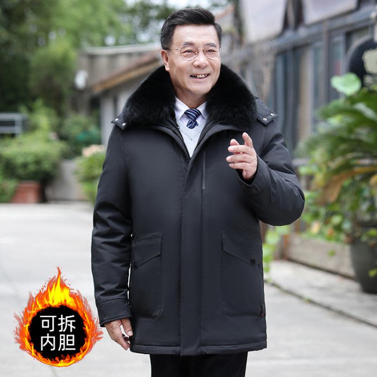 羽絨外套 2023服男加厚中老年人爸爸冬季外套男中長款可拆內膽爺爺冬裝-細節圖7