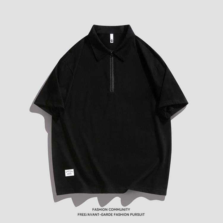 鯤海鵬云男裝休閒polo衫男短袖美式高街純色半拉鍊日系男士翻領t-細節圖2
