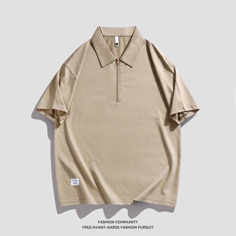 鯤海鵬云男裝休閒polo衫男短袖美式高街純色半拉鍊日系男士翻領t-細節圖3