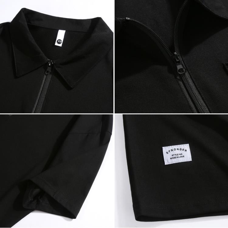 鯤海鵬云男裝休閒polo衫男短袖美式高街純色半拉鍊日系男士翻領t-細節圖4