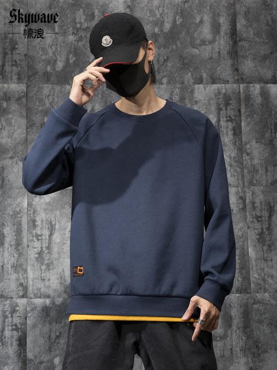 衛衣 潮牌假二件男寬松加肥加大碼胖子春季新款圓領運動上衣潮加絨-細節圖2