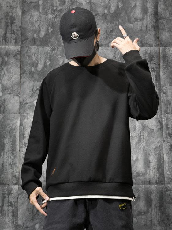 衛衣 潮牌假二件男寬松加肥加大碼胖子春季新款圓領運動上衣潮加絨-細節圖3