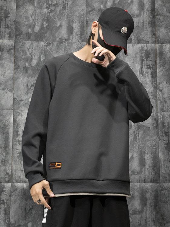 衛衣 潮牌假二件男寬松加肥加大碼胖子春季新款圓領運動上衣潮加絨-細節圖5