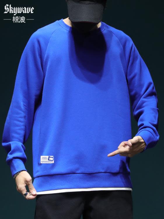 衛衣 潮牌假二件男寬松加肥加大碼胖子春季新款圓領運動上衣潮加絨-細節圖6