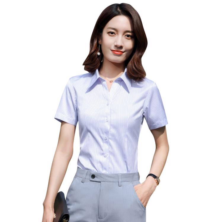 職業條紋襯衫女氣質男女同款正裝銀行工裝工作服藍豎條紋襯衣上衣-細節圖5