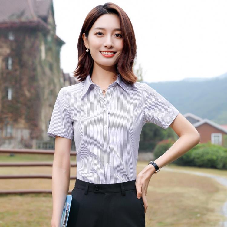 職業條紋襯衫女氣質男女同款正裝銀行工裝工作服藍豎條紋襯衣上衣-細節圖7