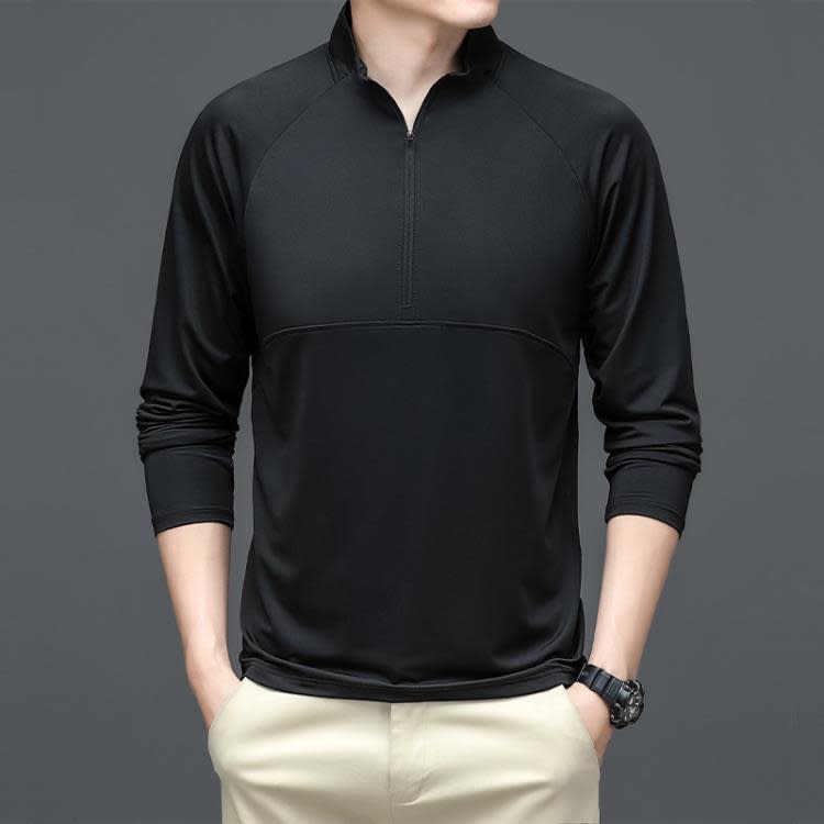 長袖T恤 春夏季商務運動立領POLO衫男薄款健身冰絲彈力t恤男士拉鍊-細節圖4