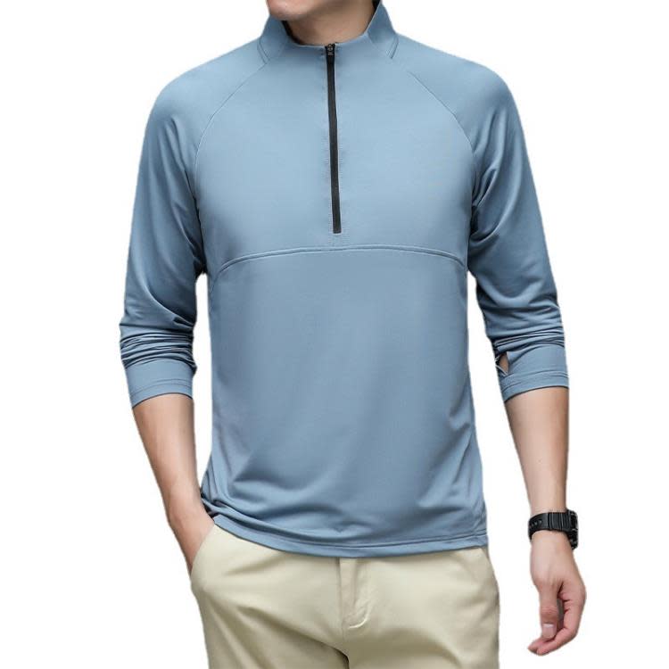 長袖T恤 春夏季商務運動立領POLO衫男薄款健身冰絲彈力t恤男士拉鍊-細節圖5