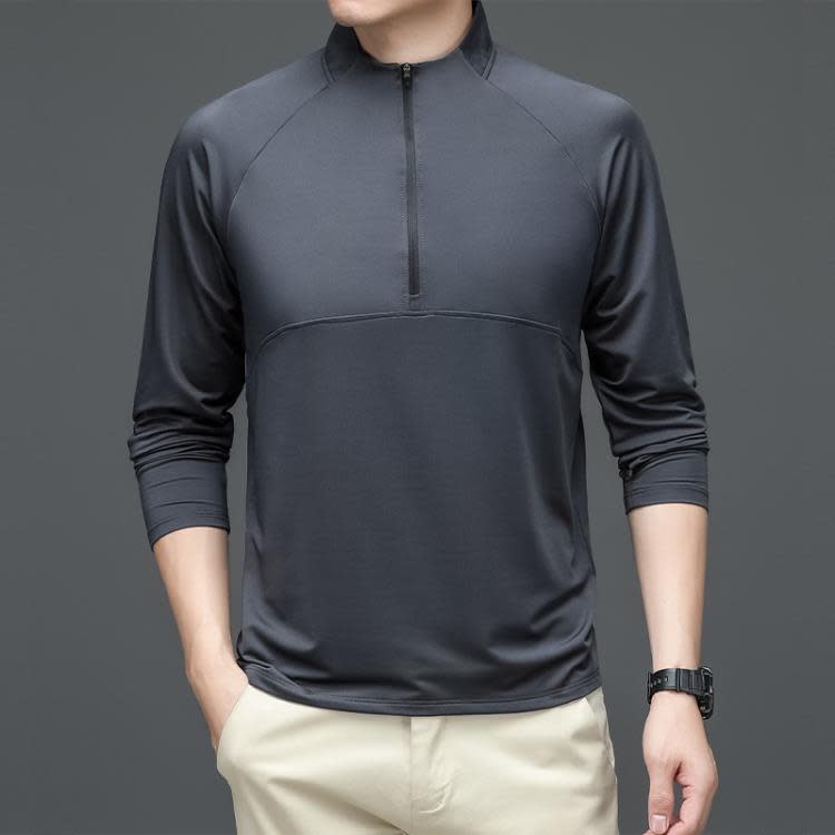 長袖T恤 春夏季商務運動立領POLO衫男薄款健身冰絲彈力t恤男士拉鍊-細節圖6